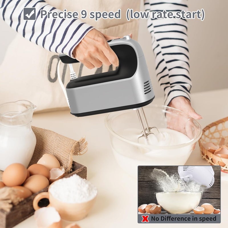 Yomelo 9-Speed Digital Hand Mixer Electric, 400W Powerful DC Motor, Hand Mixer Electric Handheld with Snap-On Storage Case, 5 Stainless Steel Accessories, Beaters, Dough Hooks, Whisk(Silvery Black) - Image 4